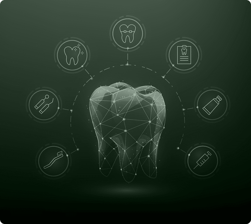Digital tooth surrounded by dental icons.